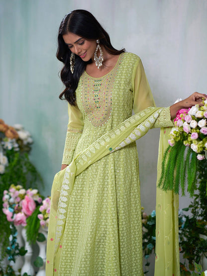 Dhiyona CH Ethnic Motifs Embroidered Thread Work Anarkali Kurta With Trousers And Dupatta