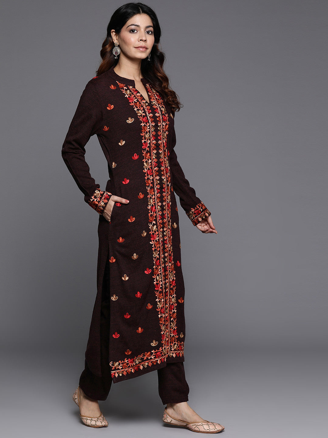 Women Floral Embroidered Regular Thread Work Pure Wool Kurta with Trousers