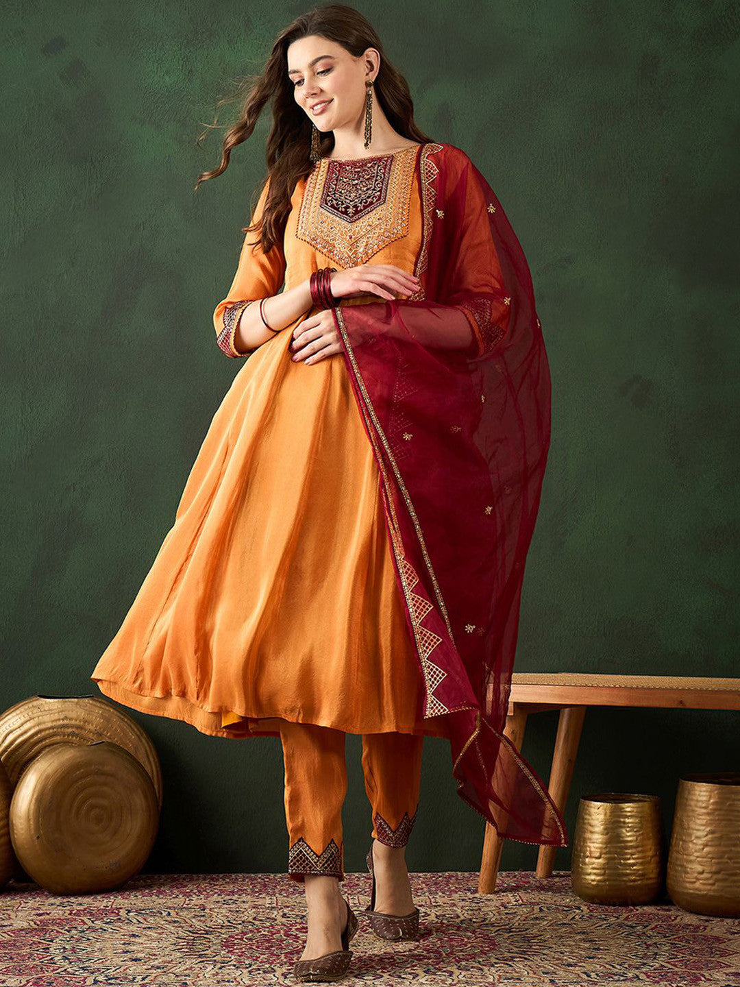 Orange Sequence Round Neck Anarkali Kurta With Trouser And Dupatta