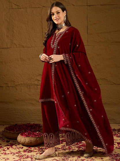 Dhiyona KL Embroidered Notch Neck Straight Velvet Kurta With Palazzos And Dupatta