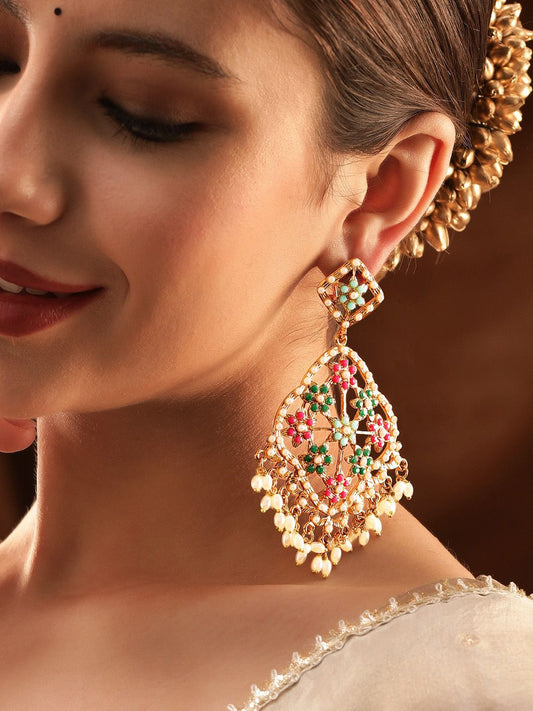 Dhiyona RJ Women's 22K Antique Gold Plated Multi Color Stone Studded Long Chandbalis