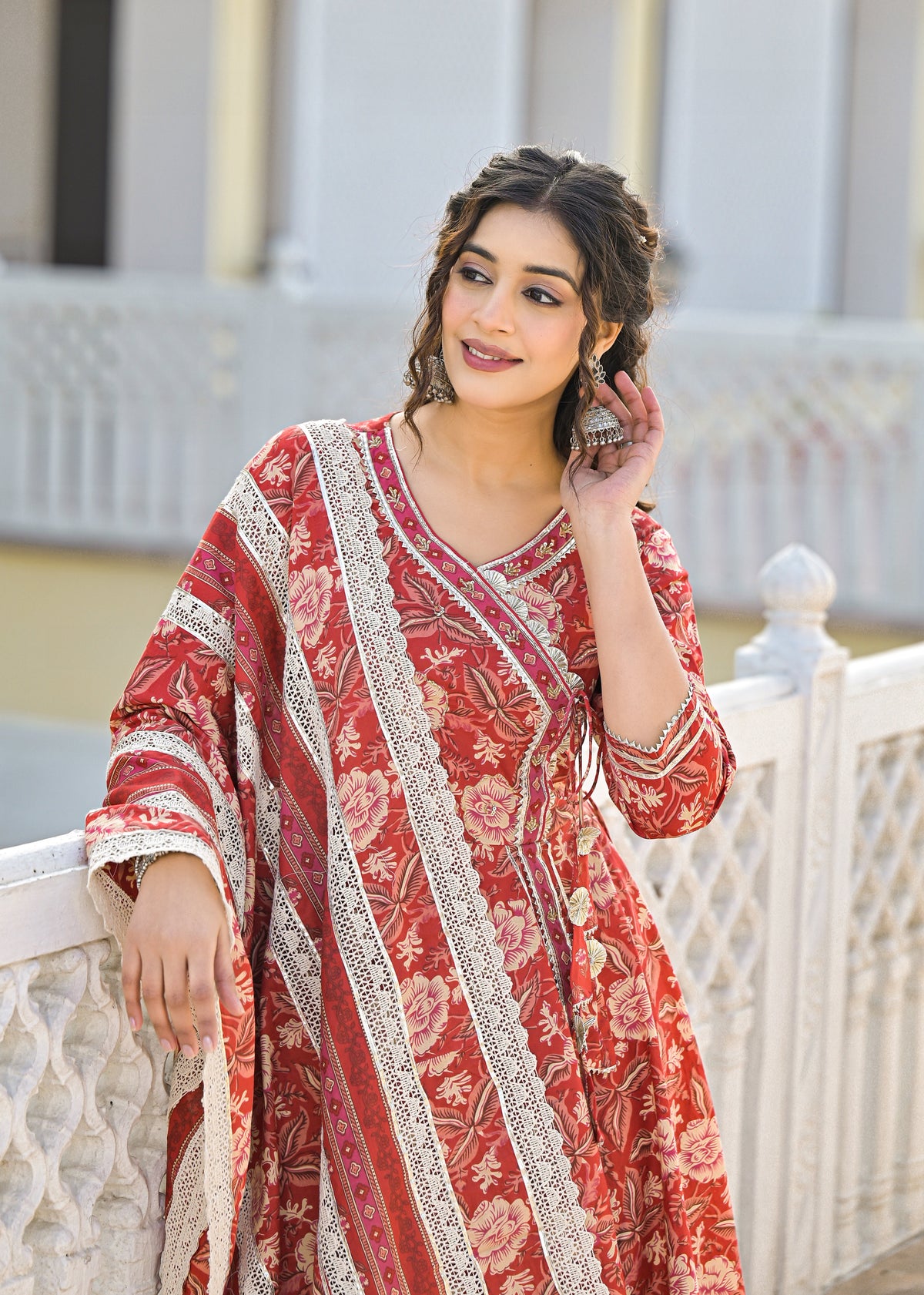 Ishika Crimson Premium Cotton Anarkali Suit Set