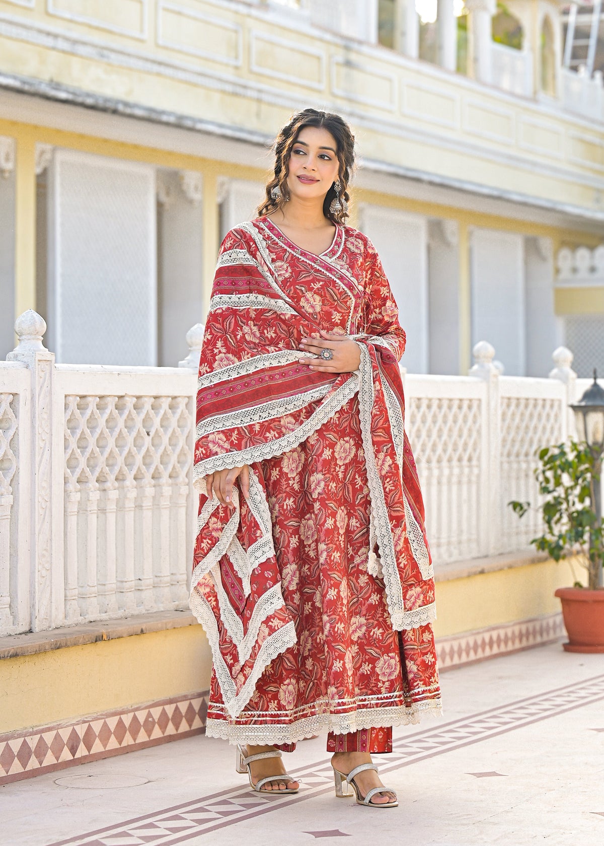 Ishika Crimson Premium Cotton Anarkali Suit Set