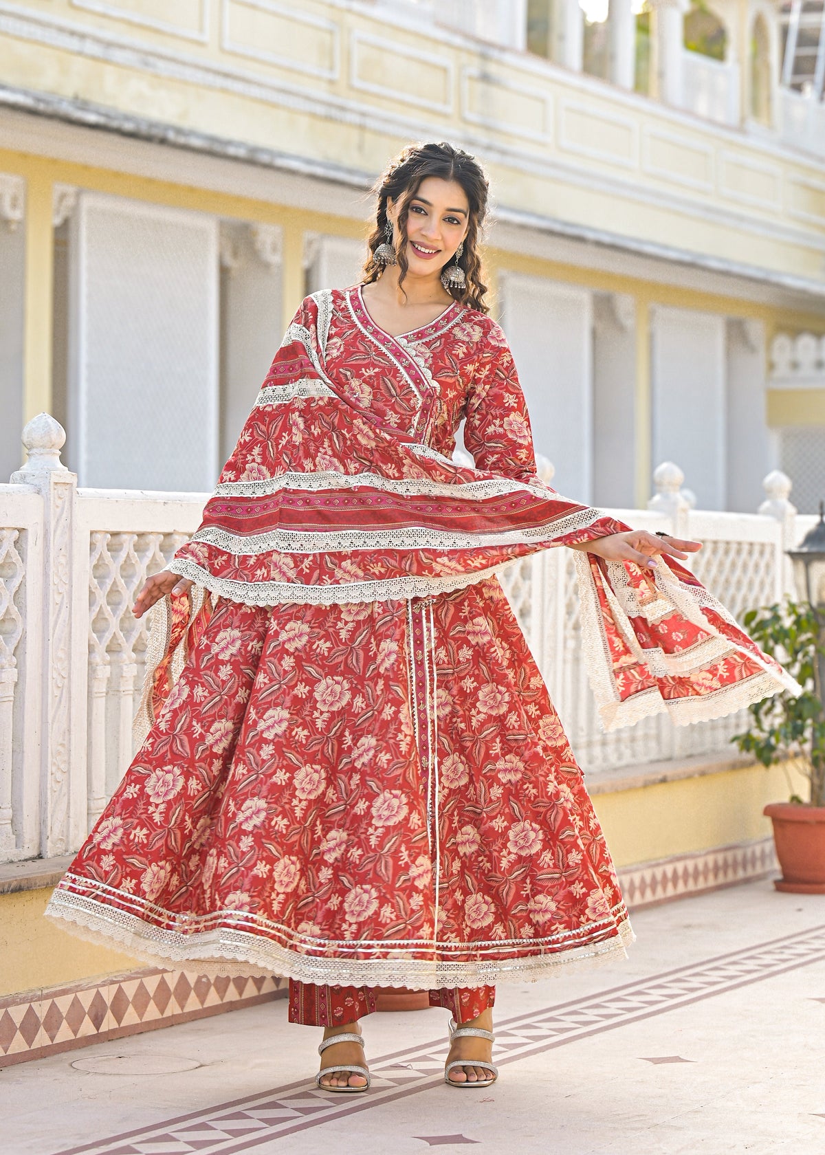 Ishika Crimson Premium Cotton Anarkali Suit Set