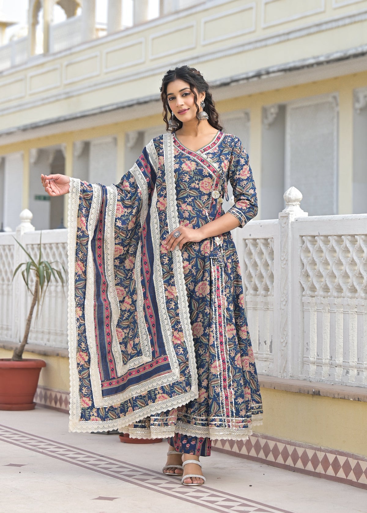 Ishika Navy Premium Cotton Anarkali Suit Set