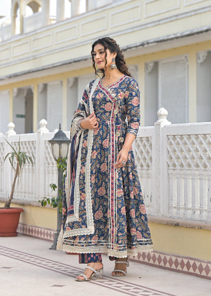 Ishika Navy Premium Cotton Anarkali Suit Set