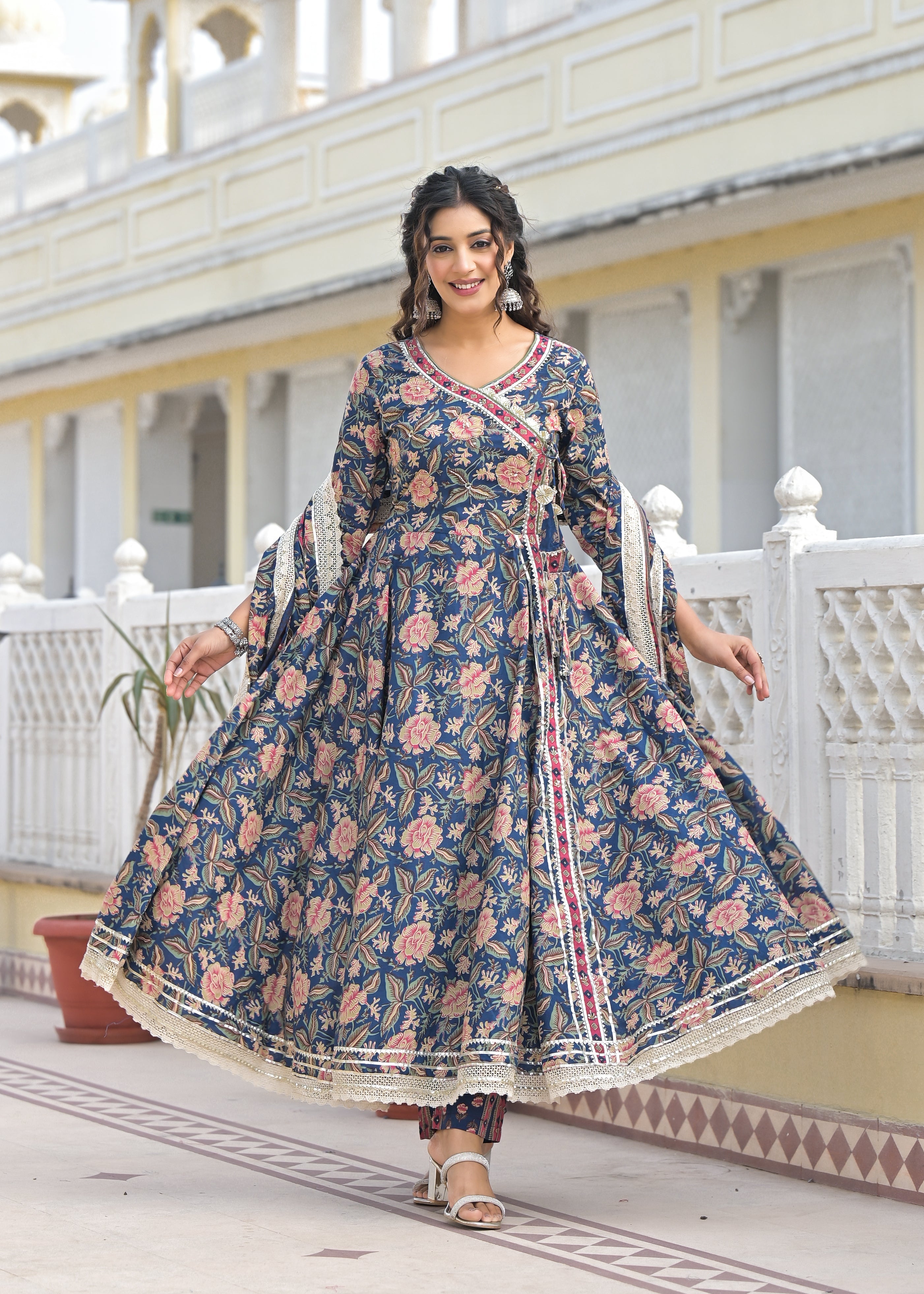 Ishika Navy Premium Cotton Anarkali Suit Set
