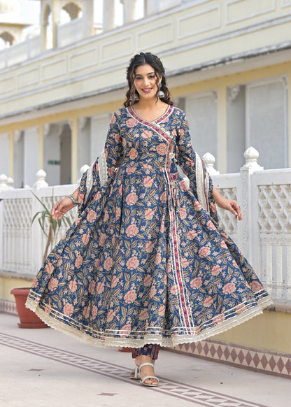 Ishika Navy Premium Cotton Anarkali Suit Set