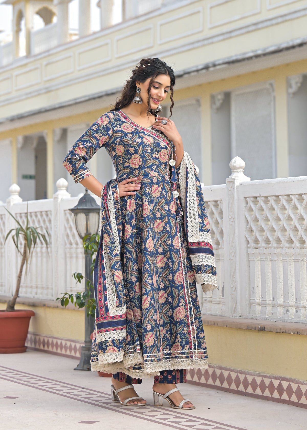 Ishika Navy Premium Cotton Anarkali Suit Set