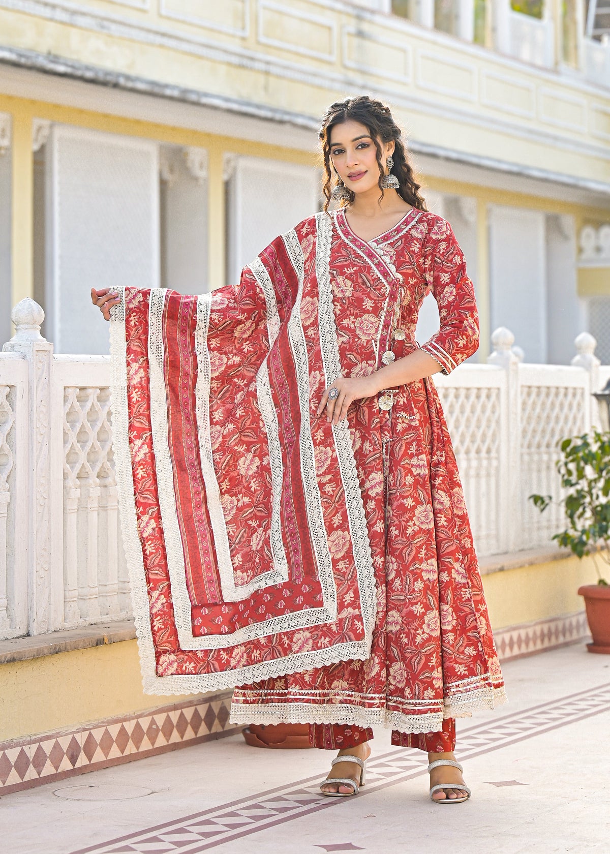Ishika Crimson Premium Cotton Anarkali Suit Set