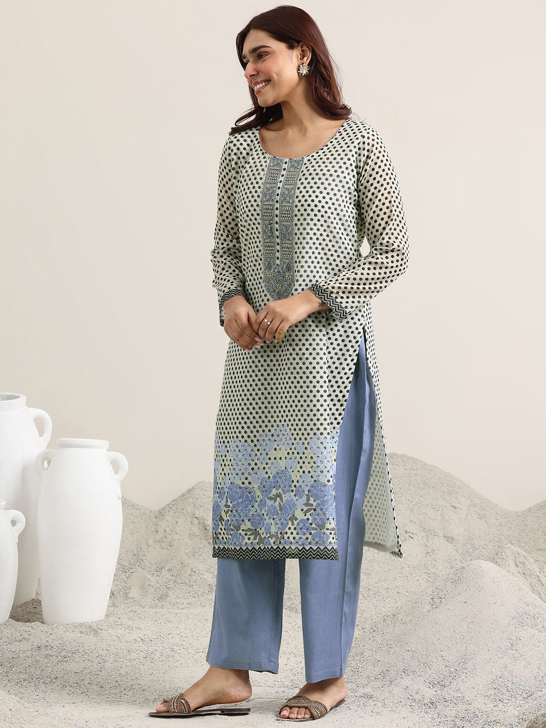 Floral Printed Linen Straight Kurta with Palazzos & Dupatta