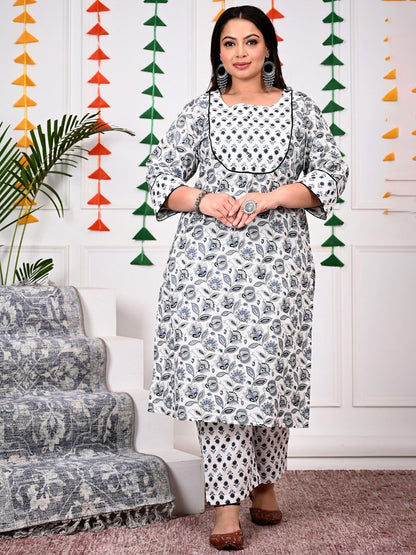 Dhiyona KL Plus Size Floral Printed Pure Cotton Kurta With Trousers & Dupatta