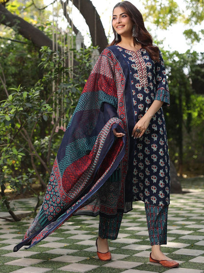 Dhiyona RR Women's Floral Printed Pure Cotton Straight Kurta With Trouser & Dupatta