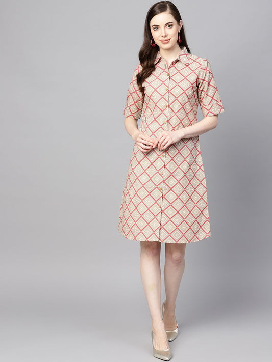 Dhiyona AY Women's Beige & Pink Printed Shirt Dress