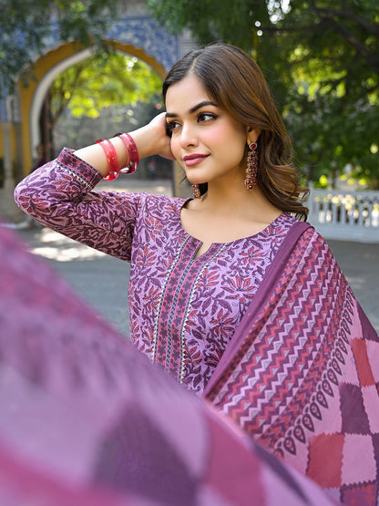 Dhiyona KL Floral Printed Notch Neck Gotta Patti Straight Kurta With Trousers & Dupatta
