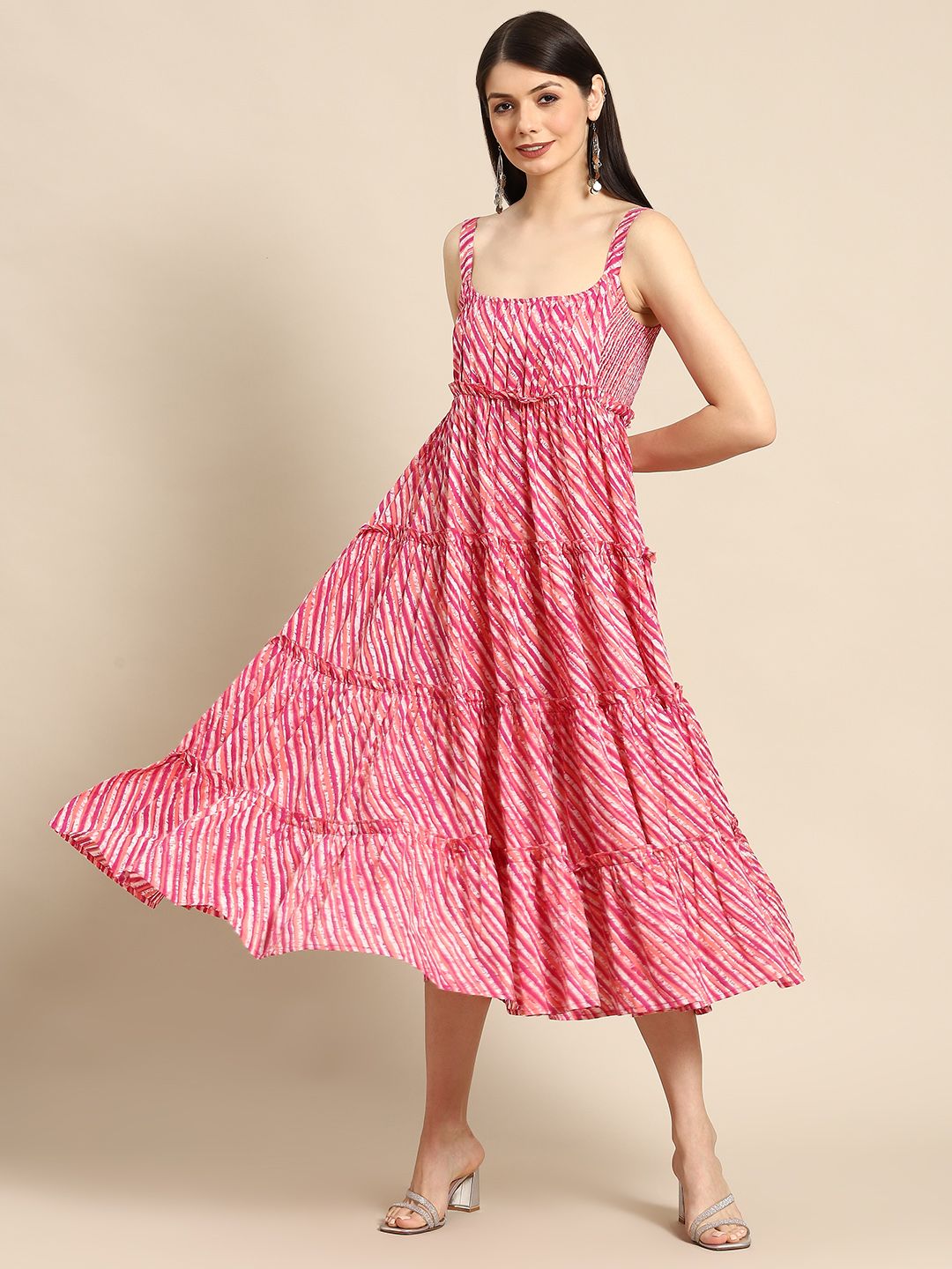 Dhiyona AY Women's Pink & White Leheriya Printed Ruffle Pure Cotton Tiered A-Line Midi Dress