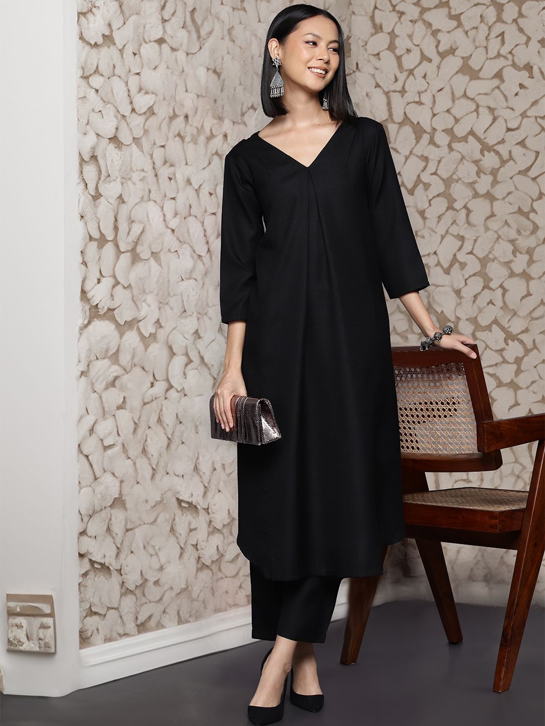 Black Black V-Neck Pleated Apple Hem Kurta With Trouser