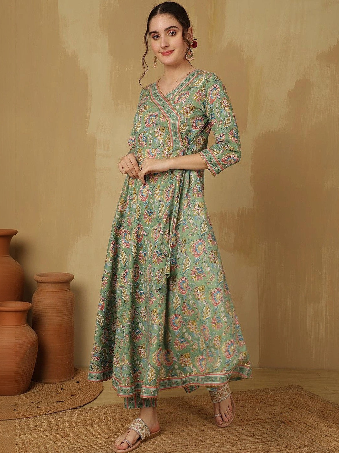 Women Floral Printed Angrakha Pure Cotton Kurta with Trousers & With Dupatta