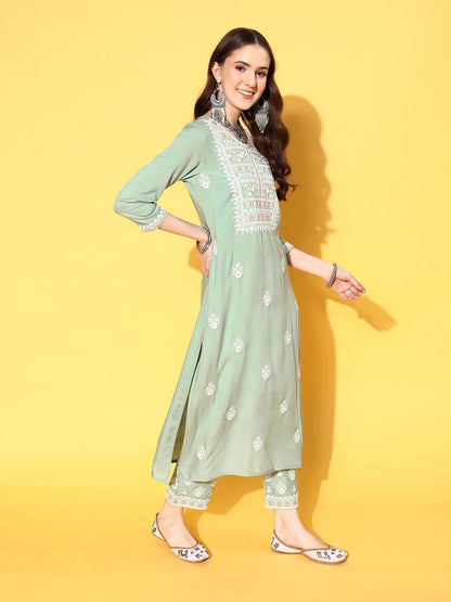 Dhiyona VA Women's Ethnic Motifs Embroidered Thread Work Kurta with Trousers & With Dupatta