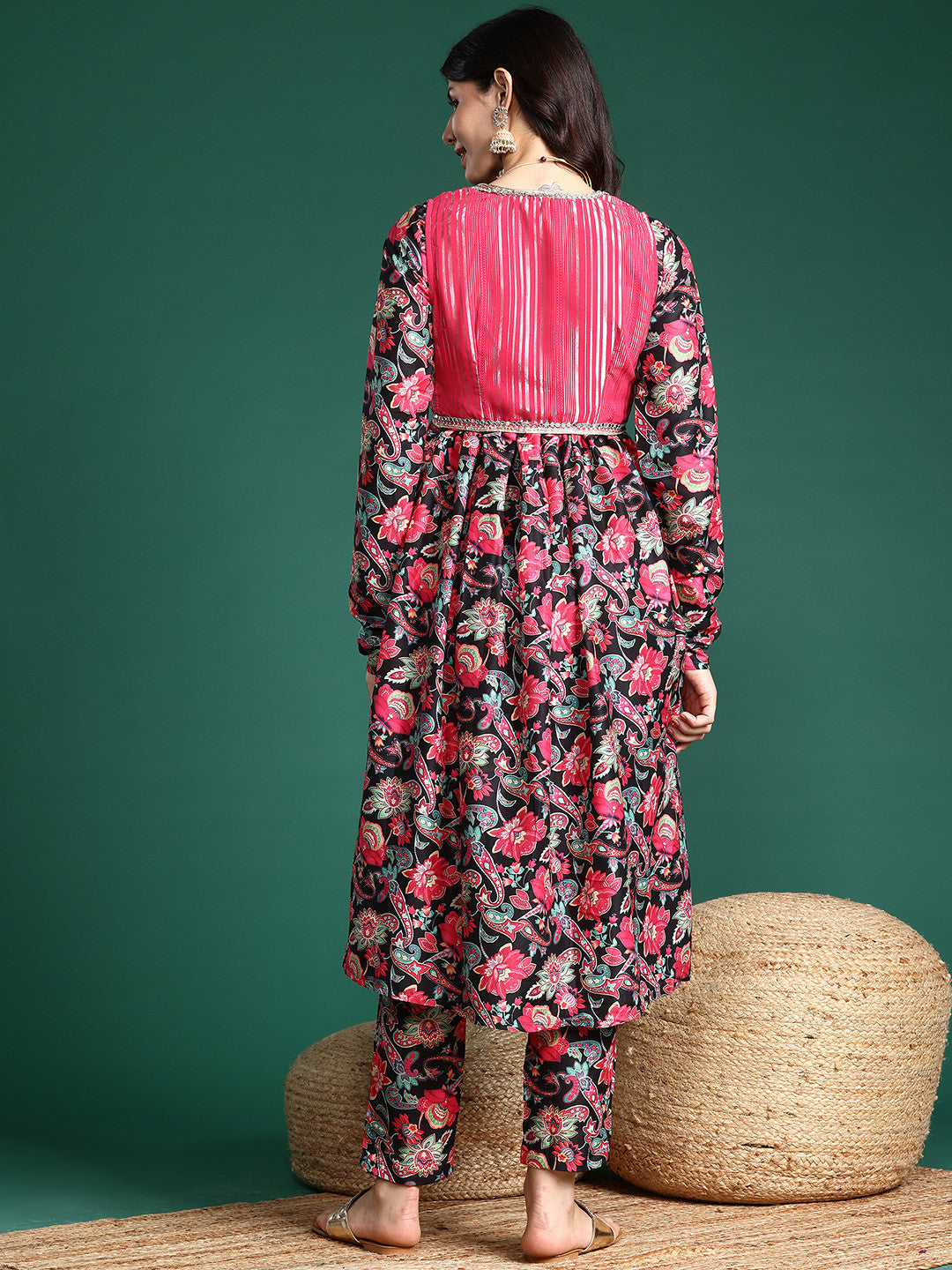 Ethnic Motifs Lurex Printed Layered Kurta Set