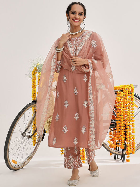 Dhiyona VA Women'sEthnic Motifs Embroidered Thread Work Pure Cotton Kurta & Trousers With Dupatta
