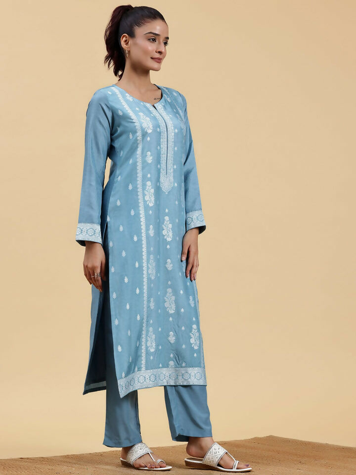 Women's LB Blue Woven Design Silk Blend Straight Suit With Dupatta