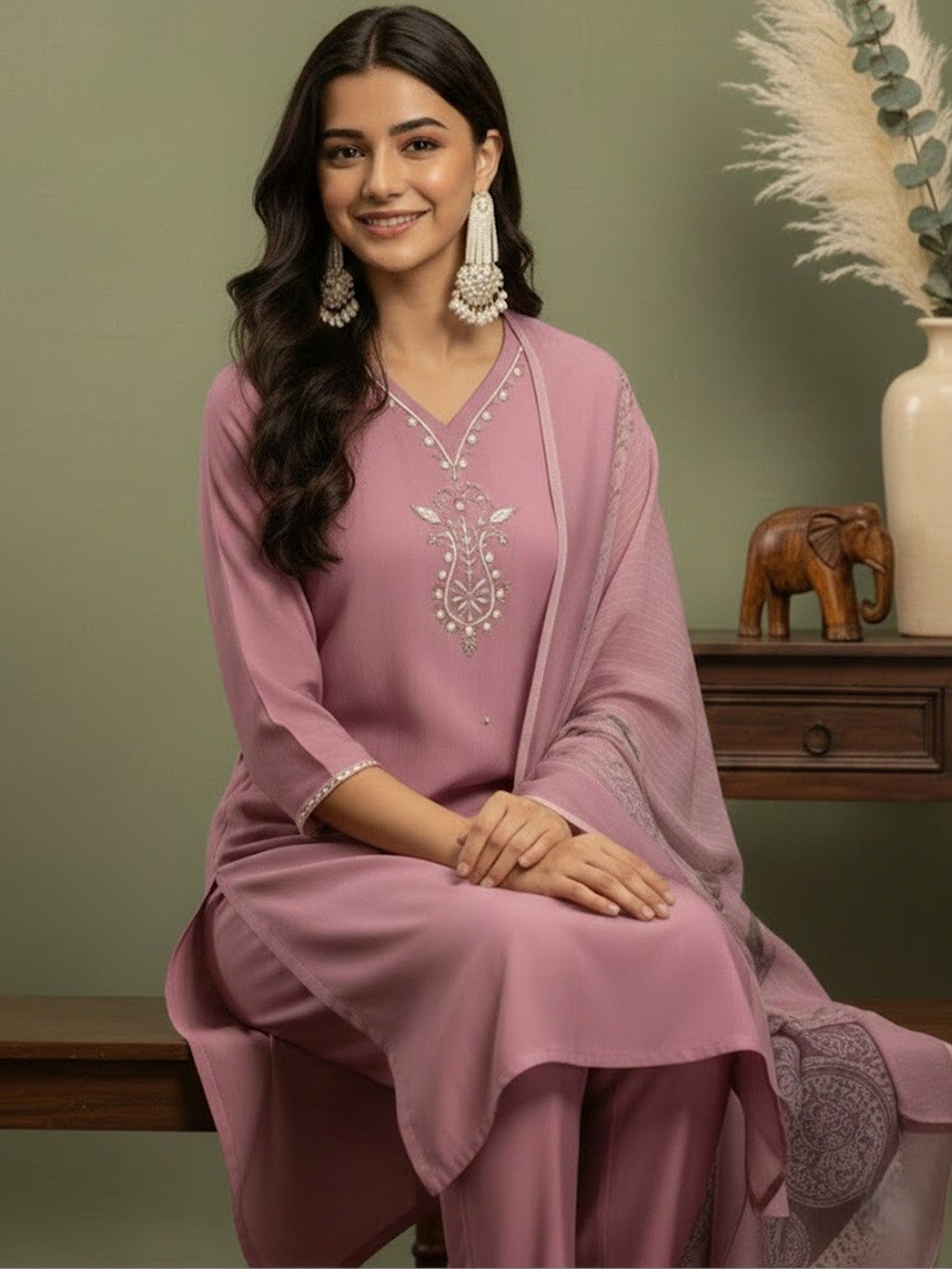 Embroidered V-Neck Kurta & Trousers Kurta Sets
