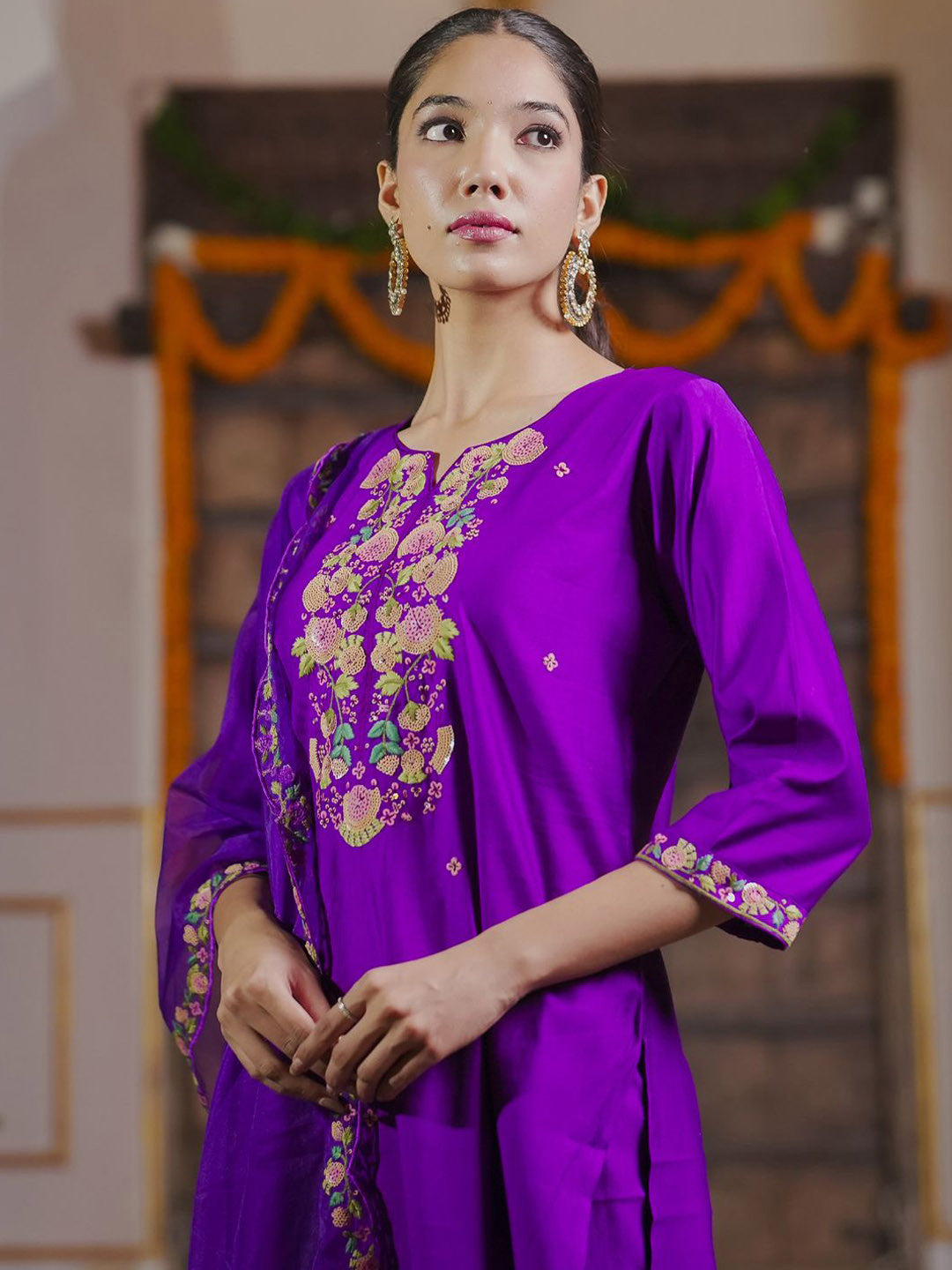 Floral Embroidered Sequinned Liva Kurta With Trousers & Dupatta