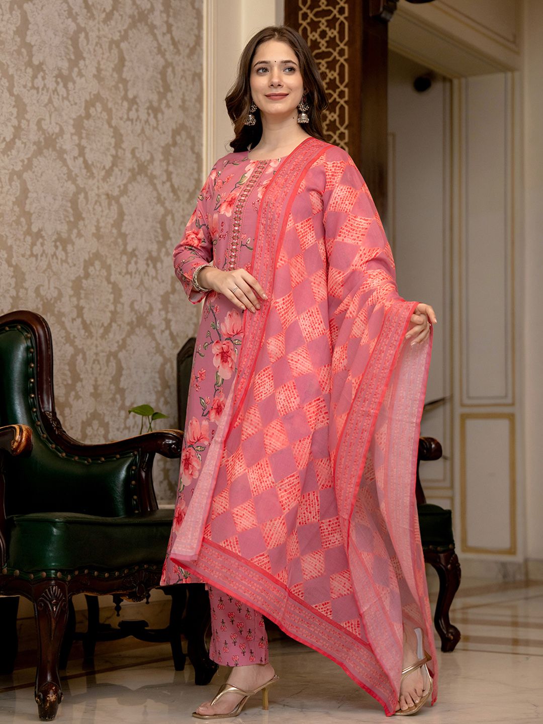 Dhiyona KL Floral Printed Mirror Work Straight Kurta With Trousers & Dupatta