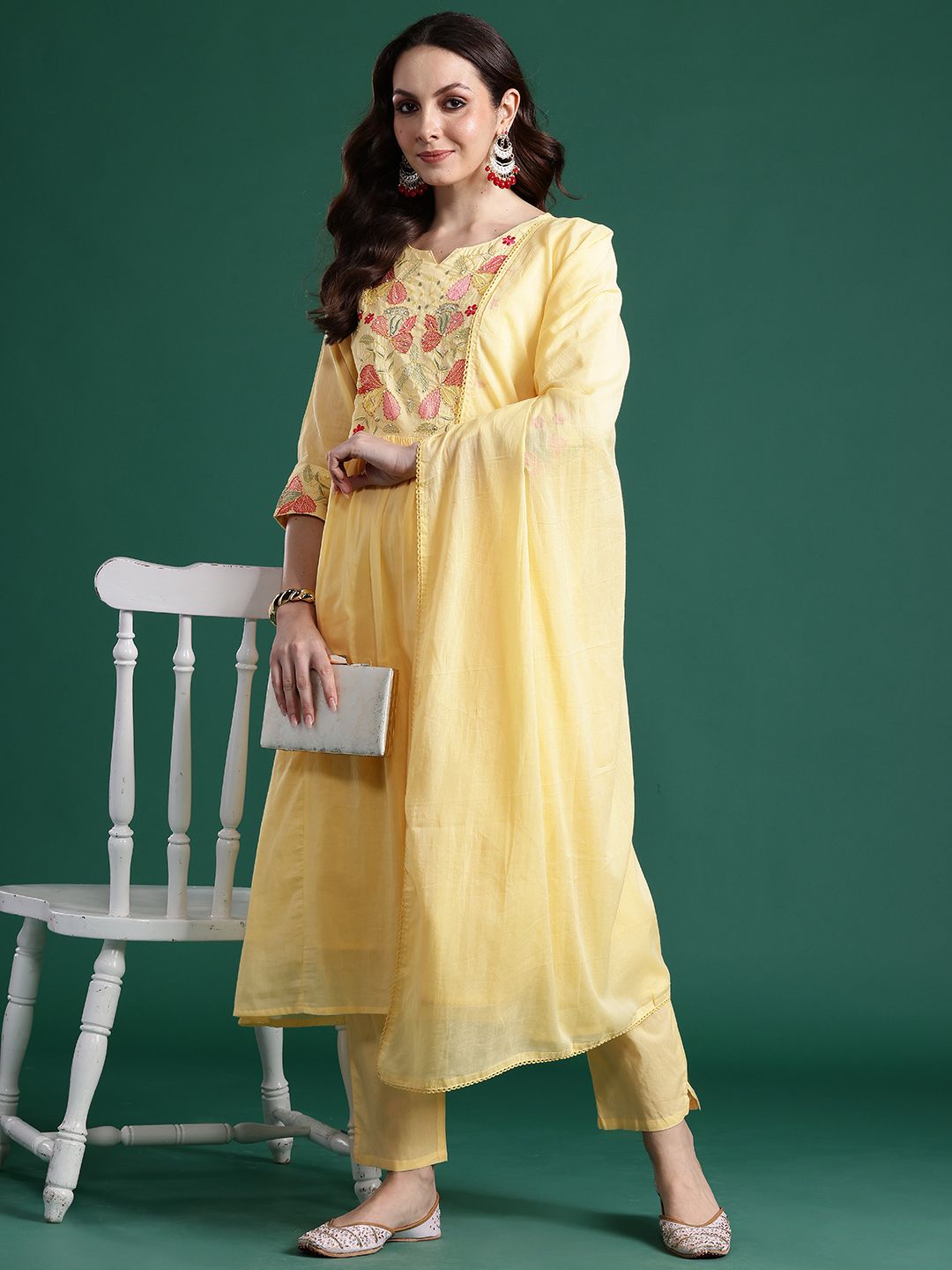 Dhiyona IE Floral Embroidered Pure Cotton Kurta with Trousers & Dupatta