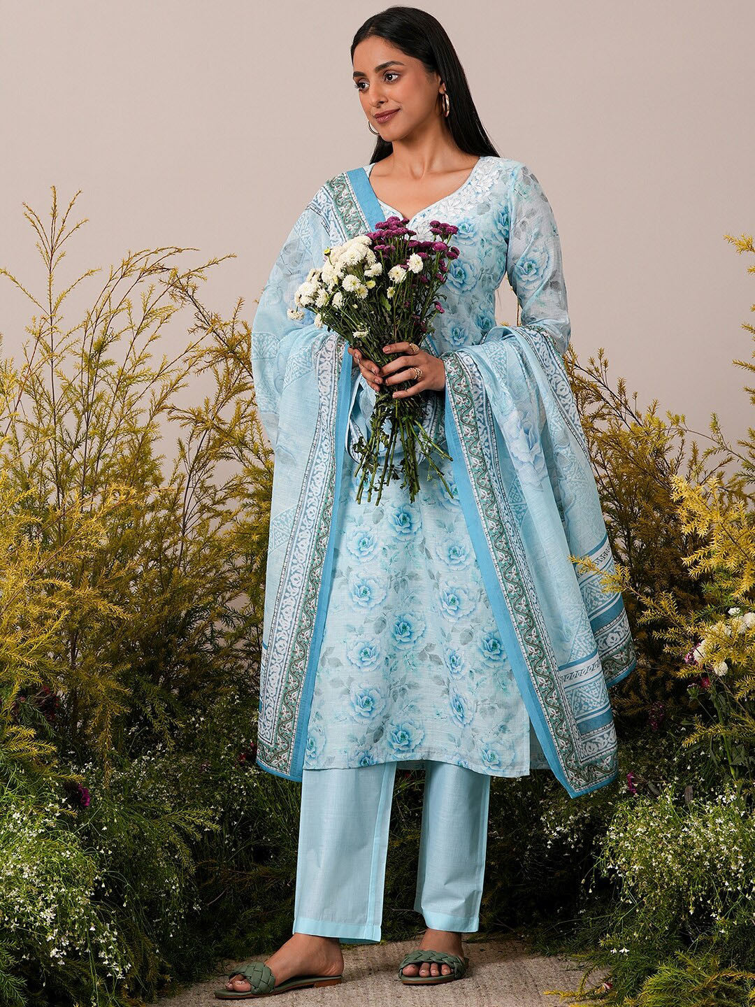 Floral Printed Regular Linen Kurta with Trousers & Dupatta