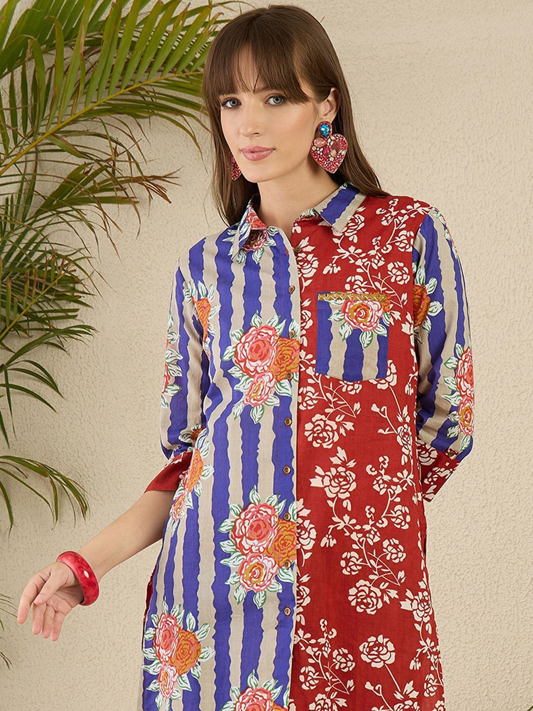 Dhiyona IE Floral Printed Shirt Collar Pure Cotton Straight Kurti & Trousers
