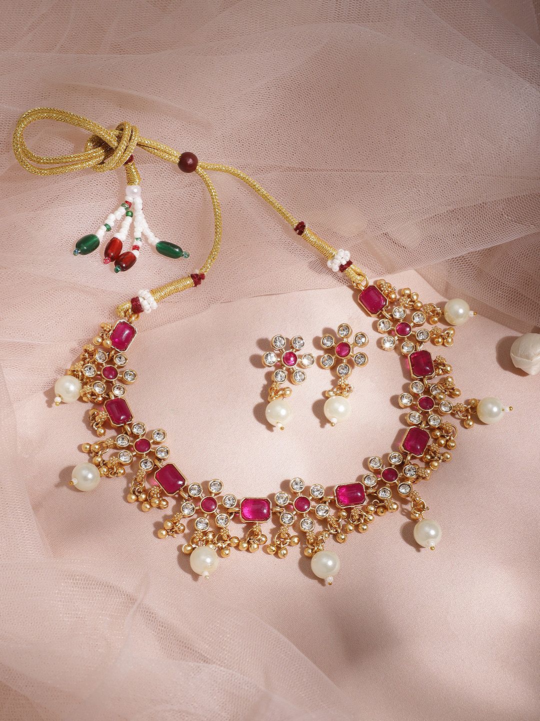 Dhiyona RJ Women's Women 22KT Gold Plated Brass Metal Ruby Studded White Beaded Floral Necklace Set