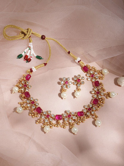Dhiyona RJ Women's Women 22KT Gold Plated Brass Metal Ruby Studded White Beaded Floral Necklace Set