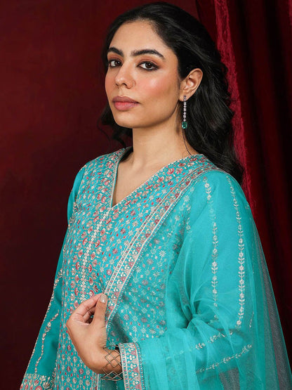 Dhiyona LL Floral Embroidered V-Neck Sequinned Straight Kurta With Palazzos & Dupatta