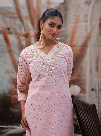 Dhiyona CH Women Solid Yoke Design Cotton Kurta with Trousers