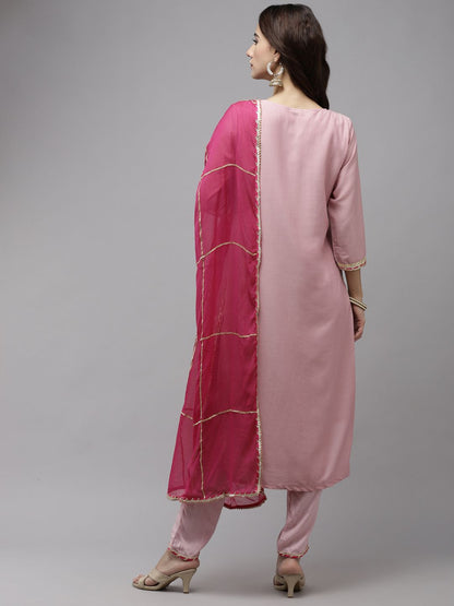 Dhiyona IS Women's Women Pink Floral Embroidered Regular Gotta Patti Pure Silk Kurta with Trousers & With Dupatta