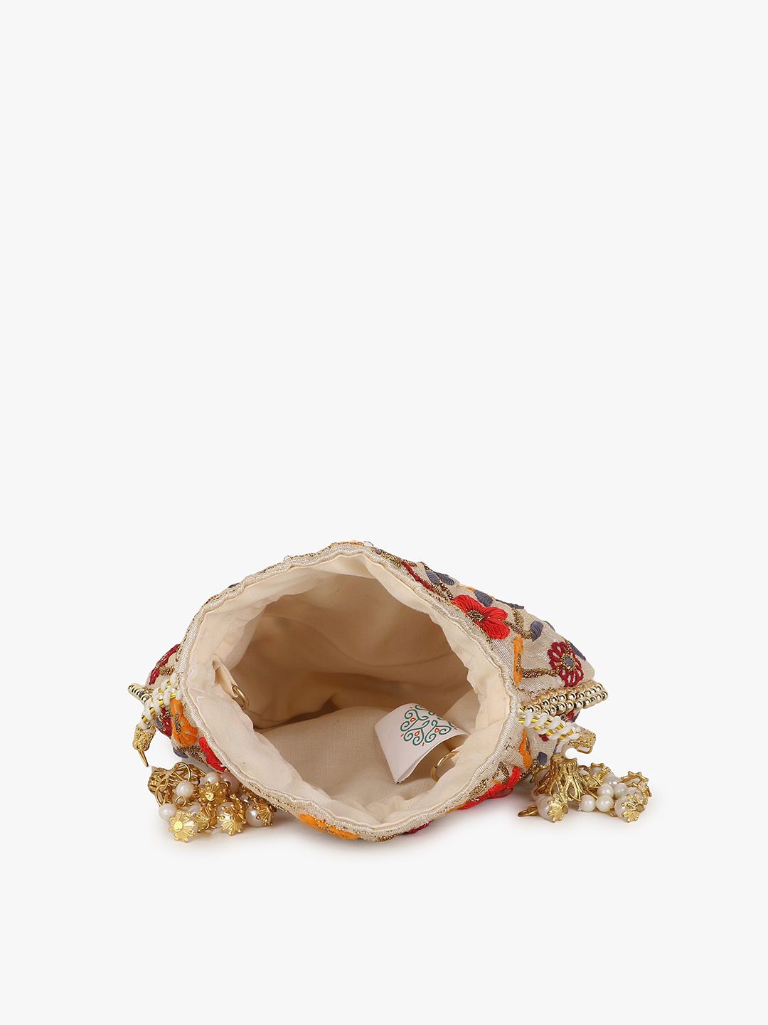 Dhiyona NR Girls Cream-Coloured & White Embroidered Tasselled Potli Clutch