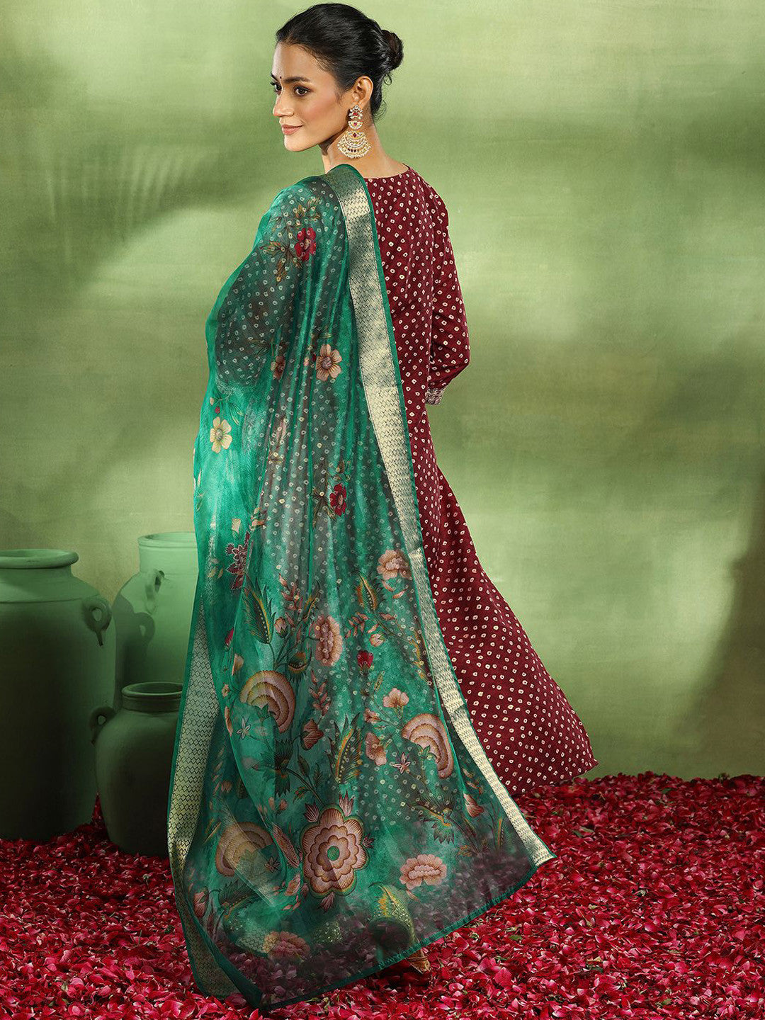 Bandhani Embroidered Sequinned Straight Kurta With Trouser & Dupatta