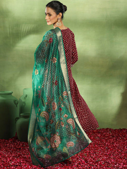 Bandhani Embroidered Sequinned Straight Kurta With Trouser & Dupatta