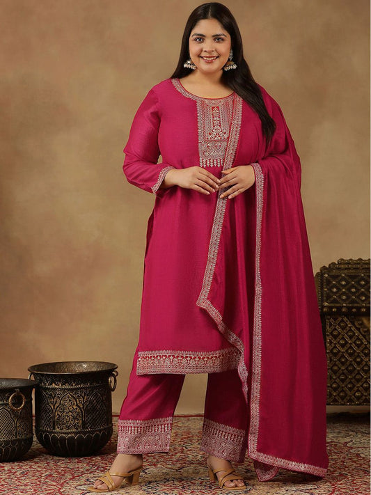 Dhiyona IN Size Ethnic Motifs Embroidered Thread Work Kurta Trousers & With Dupatta