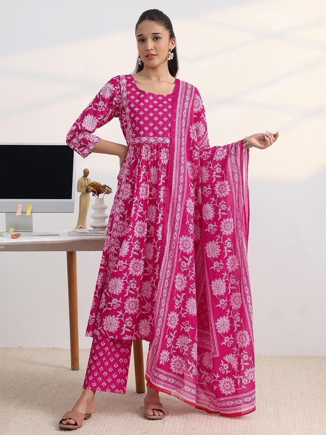 Libas Fuchsia Pink Floral Print A-Line Suit Set with Dupatta