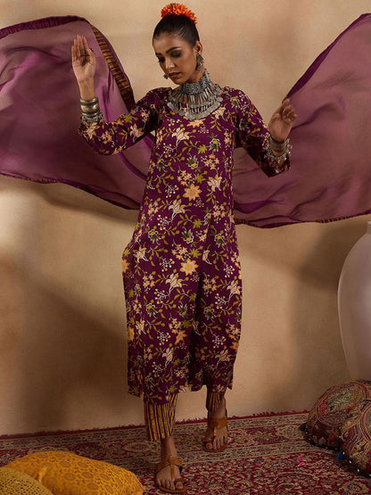 Dhiyona IE Floral Printed Straight Pure Cotton Kurta with Trousers & Dupatta