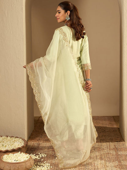 Floral Embroidered Notched Neck Liva Straight Kurta With Trousers & Dupatta