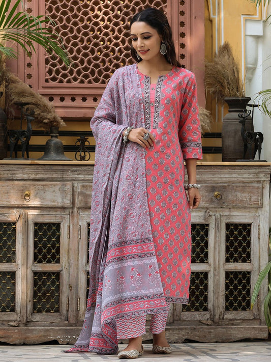 Dhiyona RR Women's Ethnic Printed Pure Cotton Kurta with Trousers & Dupatta