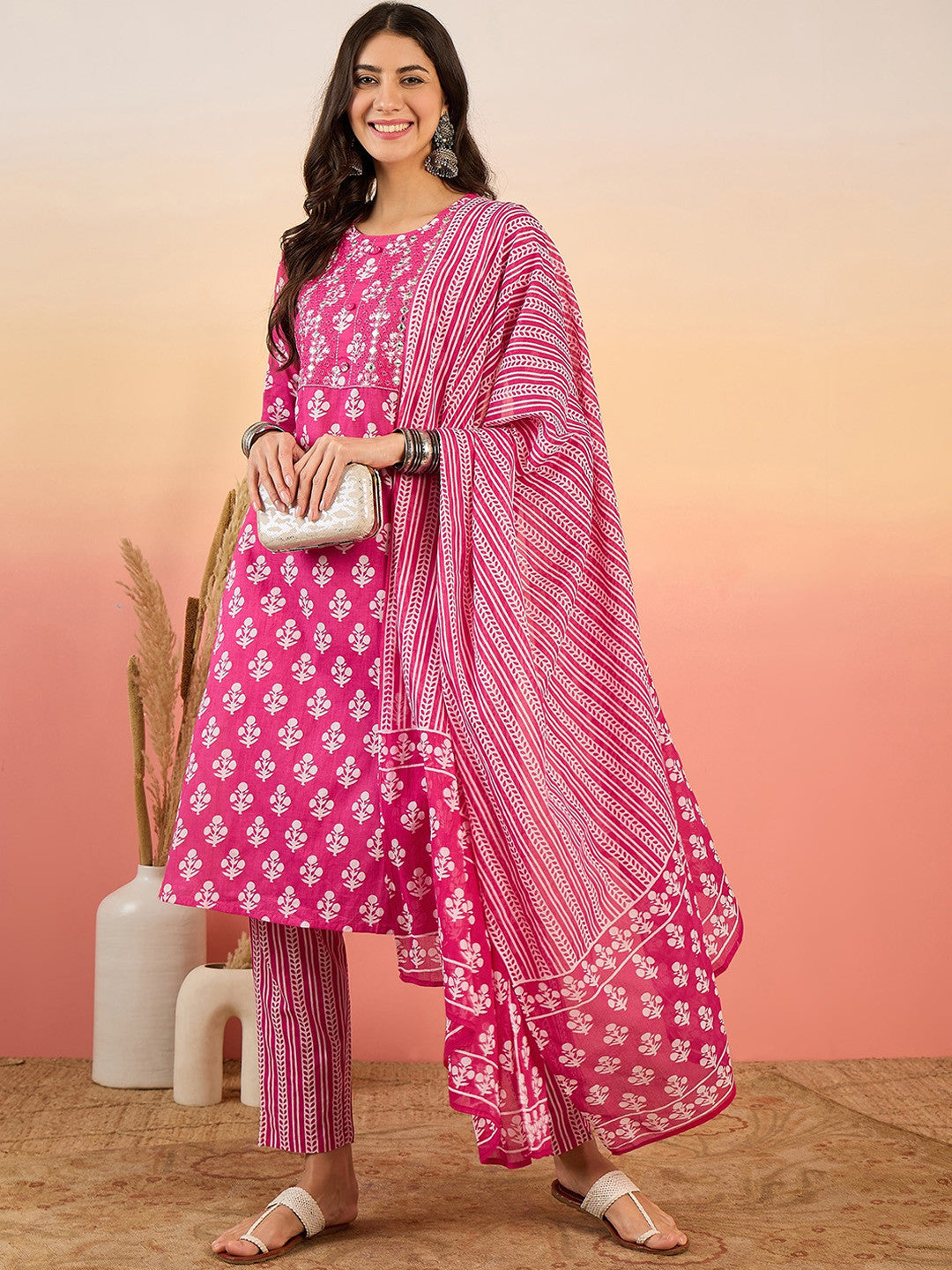 Dhiyona SN Floral Printed Mirror Work Pure Cotton Kurta with Trousers & Dupatta