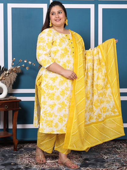 Dhiyona KL Plus Size Floral Printed Pure Cotton Straight Kurta with Palazzos & Dupatta