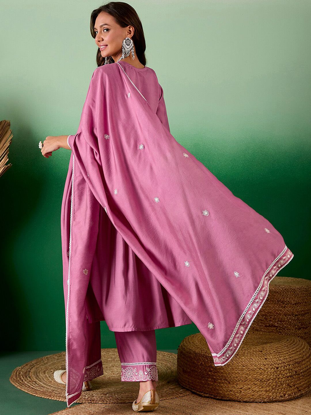 Dhiyona SN Embroidered Sequined A-Line Kurta With Palazzos & Dupatta