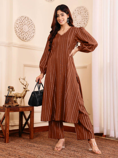 Brown Striped V-Neck A-Line Kurta With Trousers