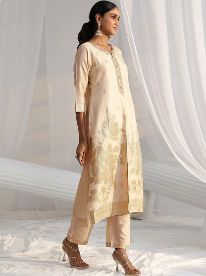 Cream Woven Design Front Slit Silk Blend Straight Suit Set